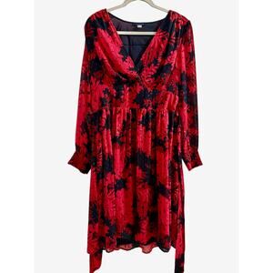 Tommy Hilfiger Women’s Size 12 Red Floral V-Neck Glitter Dot Self-Tie Midi Dress